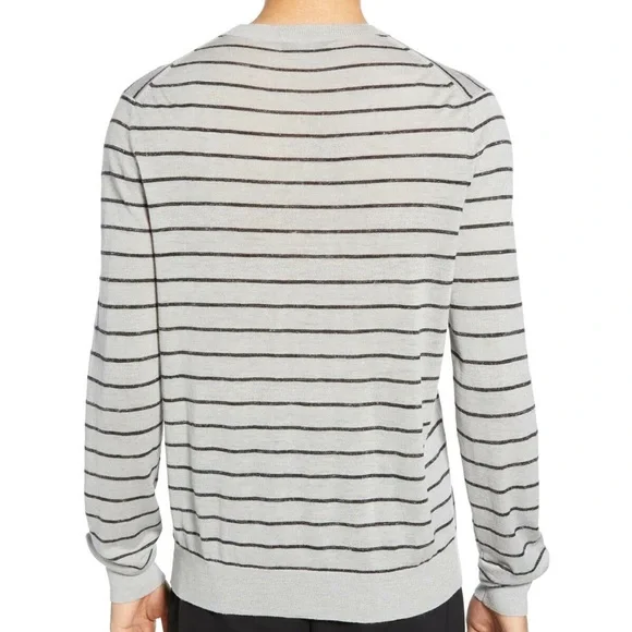 Vince Mens Stripe Crewneck Wool & Linen Sweater Medium Heather Grey Blue $225